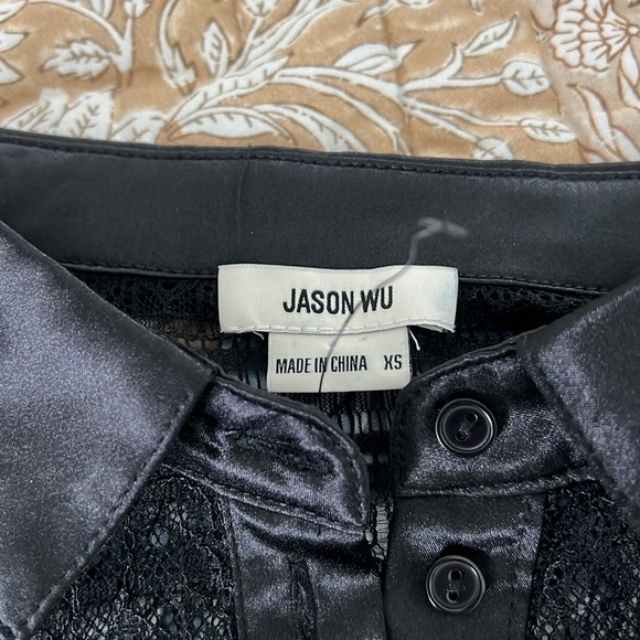 New Jason Wu Black Lace Satin Trim Raglan Sleeve Button Down Overshirt Blouse - Picture 11 of 16